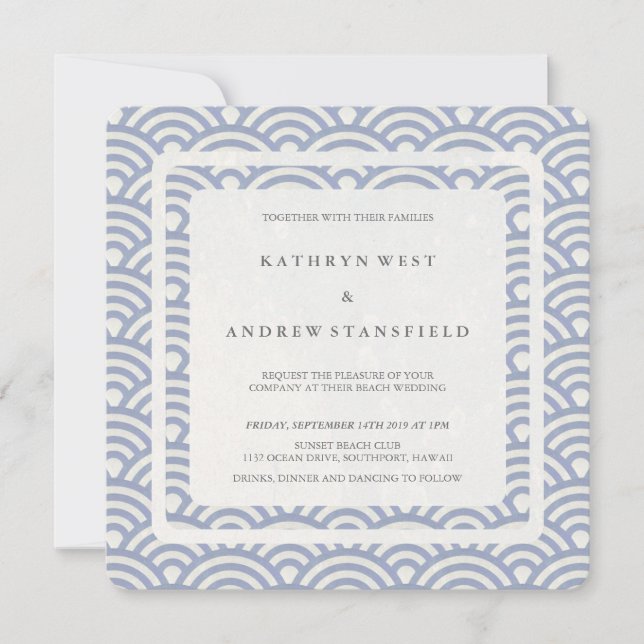 Soft Purple Blue Stylised Waves Modern Wedding Invitation (Front)