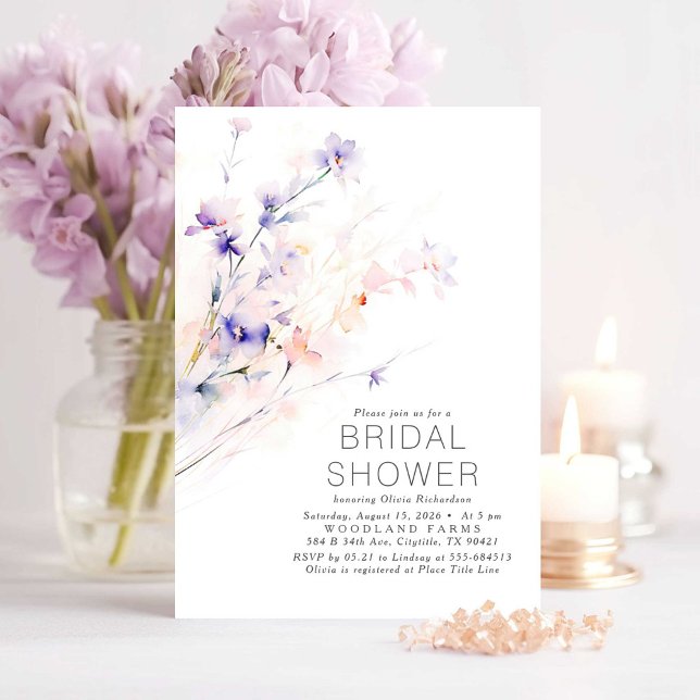 Soft Purple & Blush Flowers Elegant Bridal Shower Invitation (Floral Purple and Pink Bridal Shower Invitations)