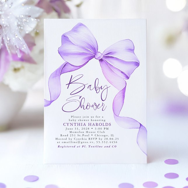 Soft Purple Bow Cute Elegant Baby Shower Invitation (Purple Bow Baby Shower Invitation)