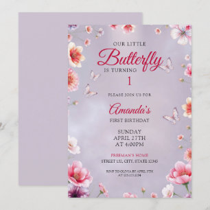 Soft Purple Floral Butterflies Girl 1st Birthday Invitation
