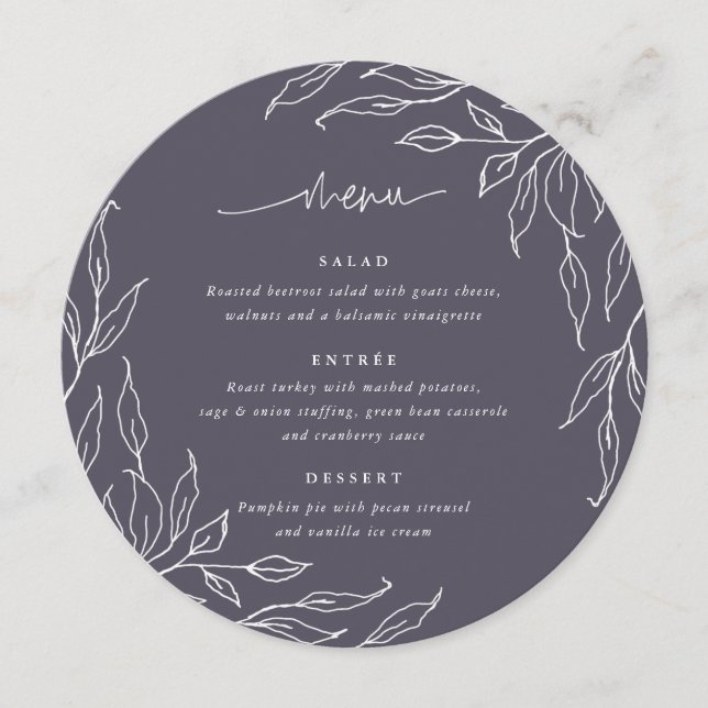 Soft Purple Leaf Motif Thanksgiving Dinner Round Menu (Front)