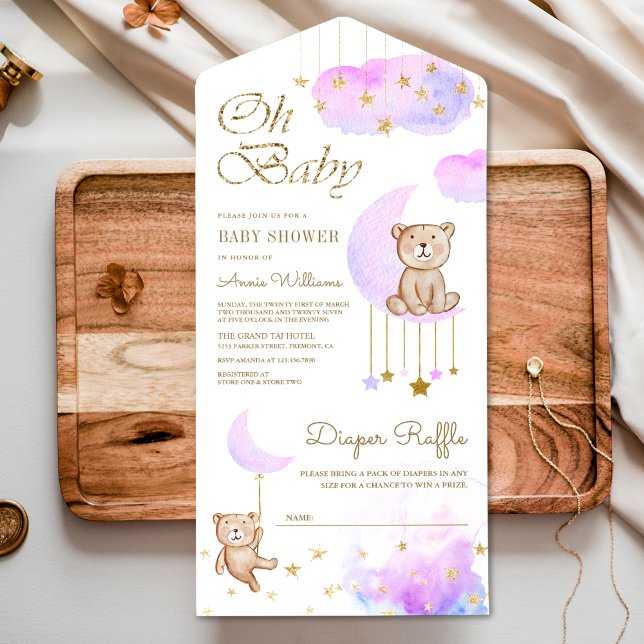 Soft Purple Moon Cute Teddy Bear Baby Shower All In One Invitation (Creator Uploaded)