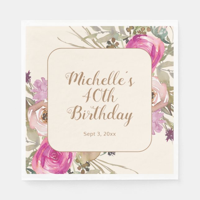 Soft Purple Pink Watercolor Floral 40th Birthday Napkin (Front)