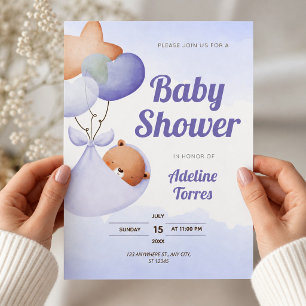 Soft Purple Watercolor Baby Shower with Teddy Bear Invitation