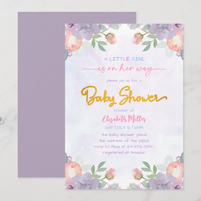 Soft Purple Watercolor Floral Baby Girl Shower Invitation (Front/Back)