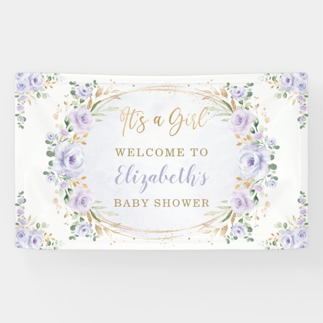 Soft Purple Watercolor Floral Roses Shower Welcome Banner (Horizontal)