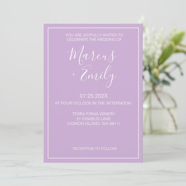 Soft Purple & White Modern Minimalist Wedding  Invitation (Standing Front)