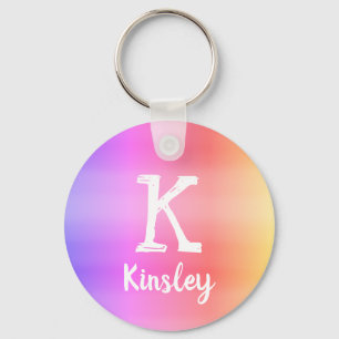 Soft Rainbow Ombre Color Gradient Monogram Name  Key Ring