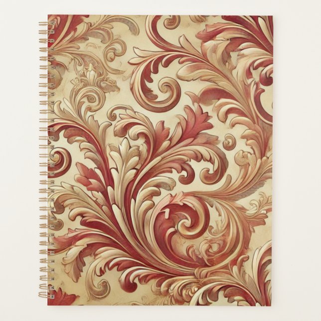 Soft Red and Gold Damask Pattern Planner (Front)