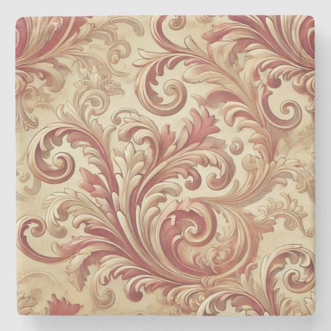 Soft Red and Gold Damask Pattern Stone Coaster (Front)