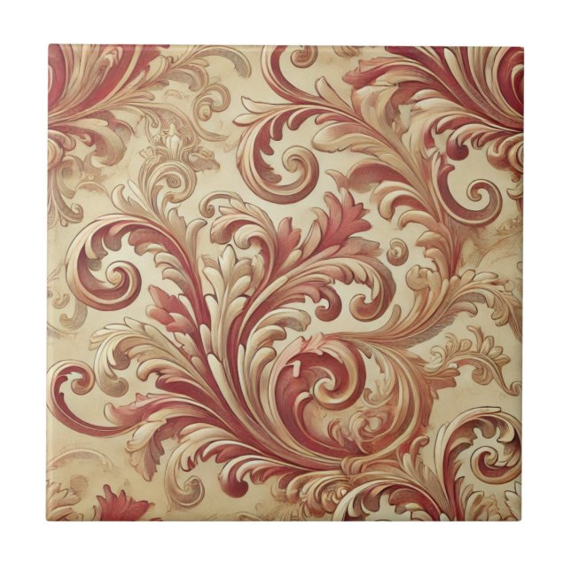 Soft Red and Gold Damask Pattern Tile (Front)