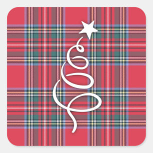 Soft Red Plaid with Calligraphy Christmas Tree Square Sticker