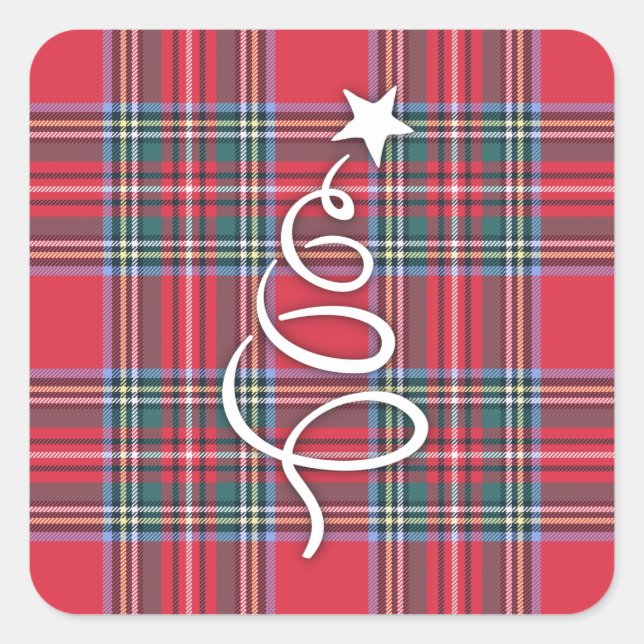 Soft Red Plaid with Calligraphy Christmas Tree Square Sticker (Front)