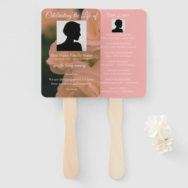 Soft red rose order of service hand fan (Front and Back)