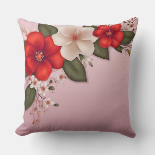 🌸 Soft Red White Floral Pattern Pink Aesthetic Cushion