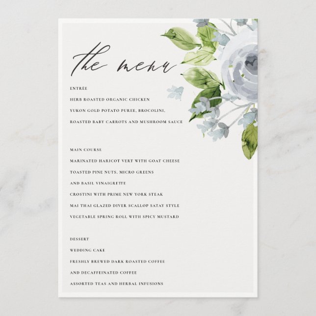 SOFT ROMANTIC AQUA BLUE  WATERCOLOUR FLORAL MENU (Front)