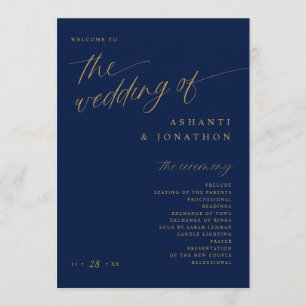 Soft Romantic Dark Navy Blue and Gold Wedding Programme