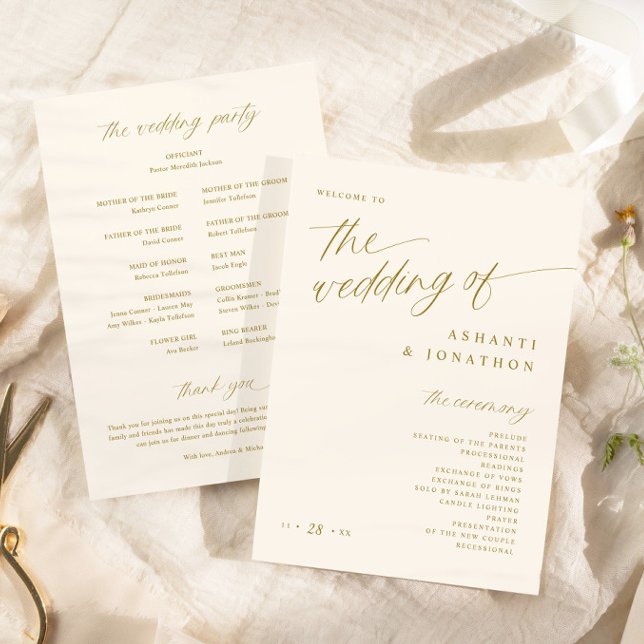 Soft Romantic Gold and Light Ivory Wedding Programme (Soft Romantic Script Gold and Ivory Cream Wedding Programs - 5x7 Wedding Programs)