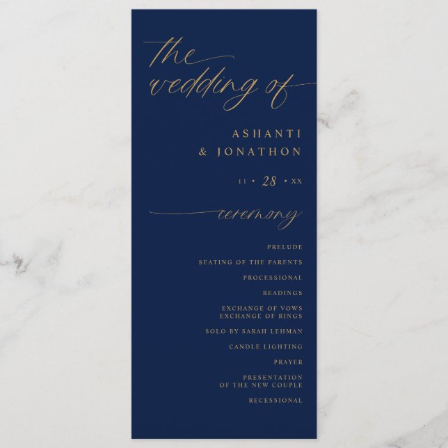 Soft Romantic Script Navy Blue and Gold Wedding Programme (Front)