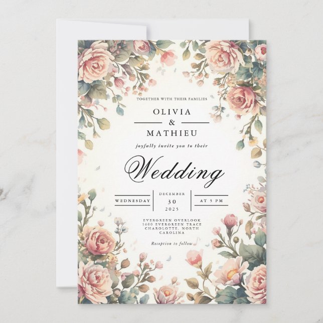 Soft Rose Arch Romance Wedding Invitation (Front)