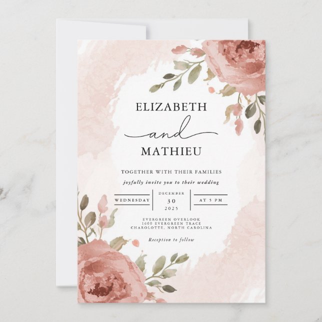 Soft Rose Botanical Floral Wedding Invitation (Front)