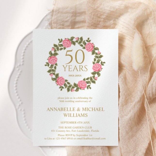 SOFT ROSE GARLAND 50th ANNIVERSARY GOLDEN Wedding  Invitation (Creator Uploaded)