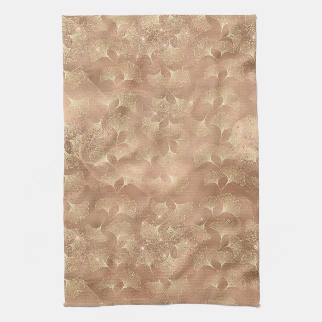 Soft Rose Ginkgo Botanical Gold Leaf Pattern Tea Towel (Vertical)