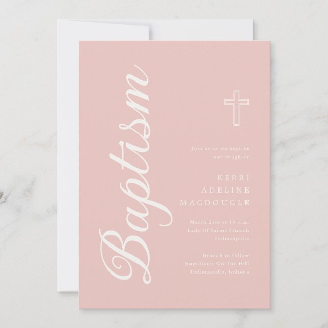 Soft Rose Gold Elegant Ivory Script Baptism Invitation (Front)