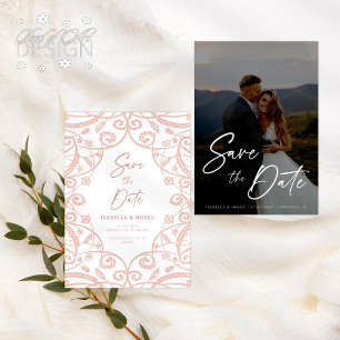 Soft Rose Gold Glitter Floral Lace Wedding Photo Save The Date
