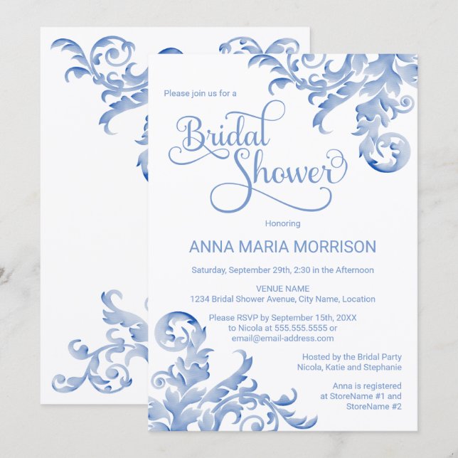 Soft Royal Blue Watercolor Flourish Bridal Shower Invitation (Front/Back)