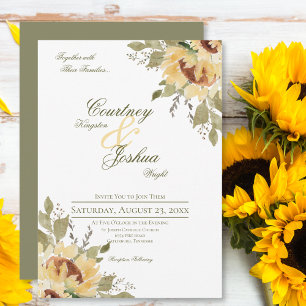 Soft Rustic Large Green Sunflowers Wedding Invitation