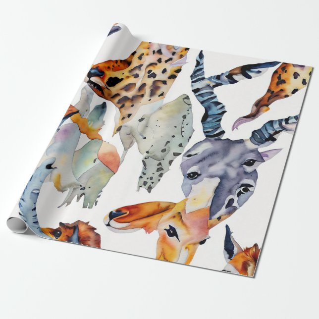 Soft Safari Watercolor Collage Wrapping Paper (Unrolled)