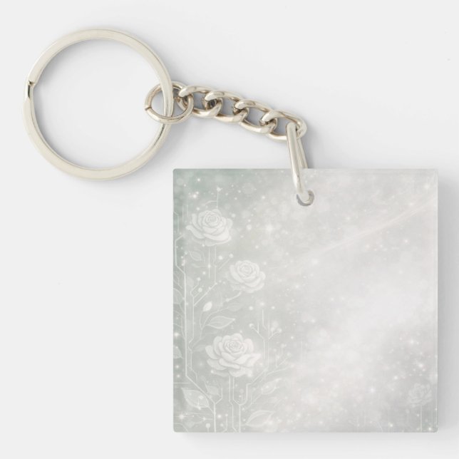 Soft sage and frosted white florals AI art  Key Ring (Front)