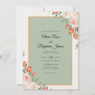 Soft Sage Coral Tulip Eucalyptus Wedding Invitation