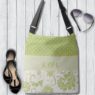 Soft Sage Damask and Grunge Dots Crossbody Bag
