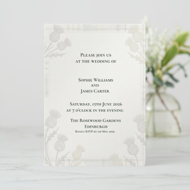 Soft Sage Gray Botanical Thistle Border Scottish W Invitation (Standing Front)