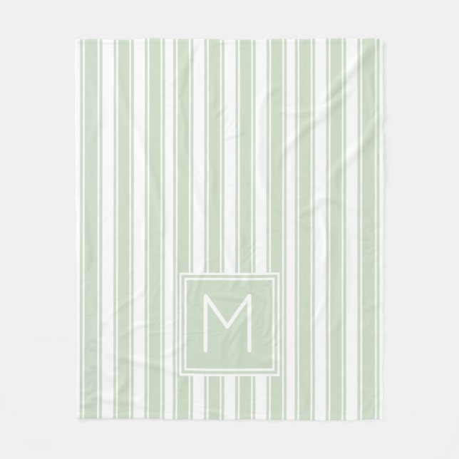 Soft Sage Green and White Ticking Stripe Monogram Fleece Blanket (Front)