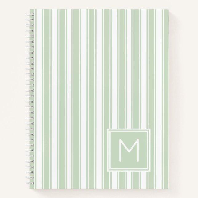 Soft Sage Green and White Ticking Stripe Monogram Notebook (Front)