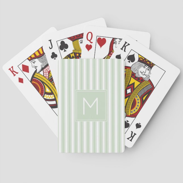 Soft Sage Green and White Ticking Stripes Monogram Playing Cards (Back)