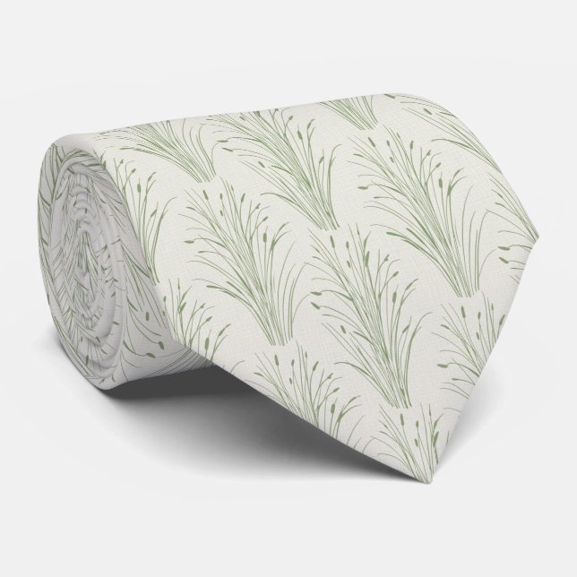 Soft Sage Green Delicate Wild Grass and Reed Tie (Rolled)