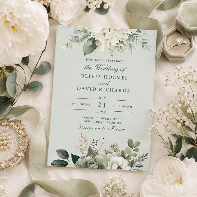 Soft Sage Green Floral Classic Wedding Invitation (Soft Sage Green Floral Classic Wedding Invitation)