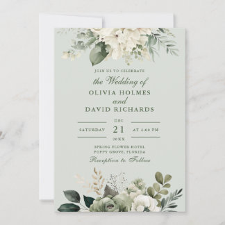 Soft Sage Green Floral Classic Wedding Invitation