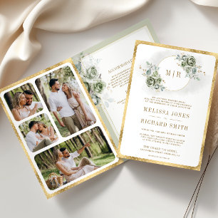 Soft Sage Green Floral Gold All in One Wedding Invitation