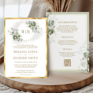 Soft Sage Green Floral Gold All in One Wedding Invitation