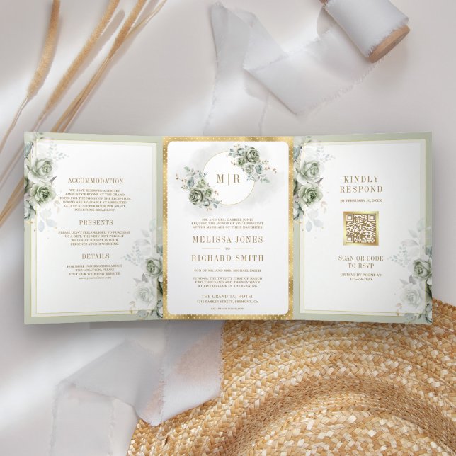 Soft Sage Green Floral Gold All in One Wedding Tri-Fold Invitation (Creator Uploaded)
