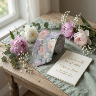 Soft Sage Green Floral Pastel Peony Rose  Tie