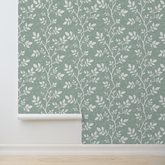Soft Sage Green Minimal Botanical Branch Wallpaper (Application)