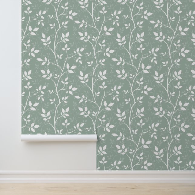 Soft Sage Green Minimal Botanical Branch Wallpaper (Application)