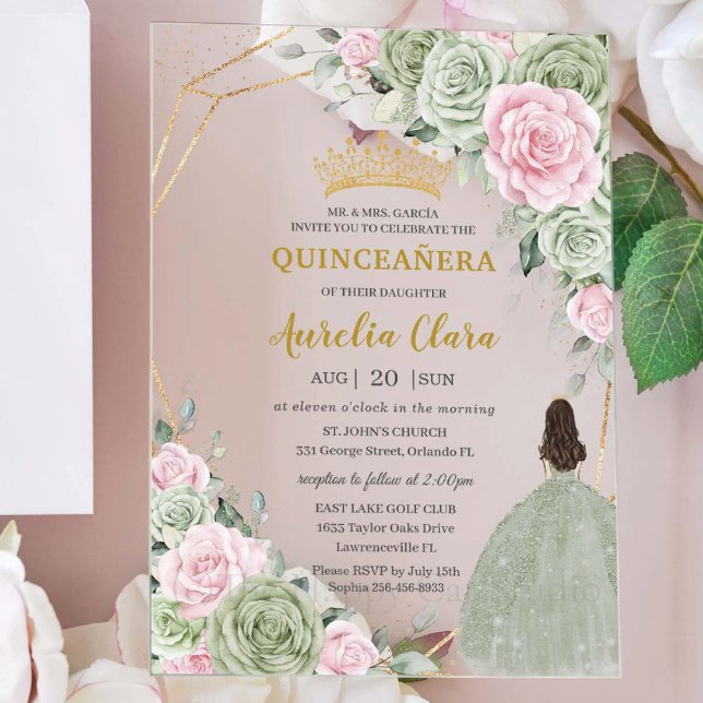 Soft Sage Green Pink Floral Gold Quinceañera Acrylic Invitations (Creator Uploaded)