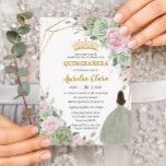 Soft Sage Green Pink Floral Gold Quinceañera Invitation<br><div class="desc">This chic Quinceañera invitation features a silver glitter geometric frame adorned by delicate watercolor sage green, pale pink floral, soft sage greenery and a girl in a lovely sage green dress. Personalise it with your details easily and quickly, simply press the customise it button to further re-arrange and format the...</div>